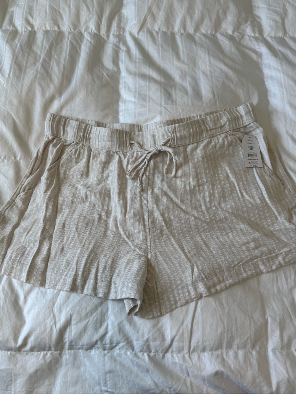 Time and Tru Beige Striped Linen-Blend Drawstring Athletic Shorts